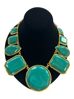 Kate Spade "Swirl Around" Teal Stone Statement Bib Necklace - Gold Tone